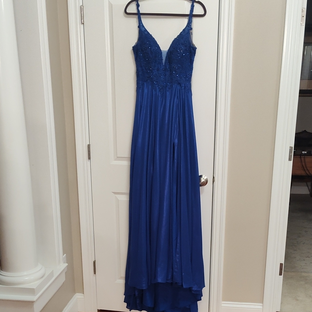 Ellie Wild Mon Cheri aline slit rhinestone royal blue prom pageant dress.